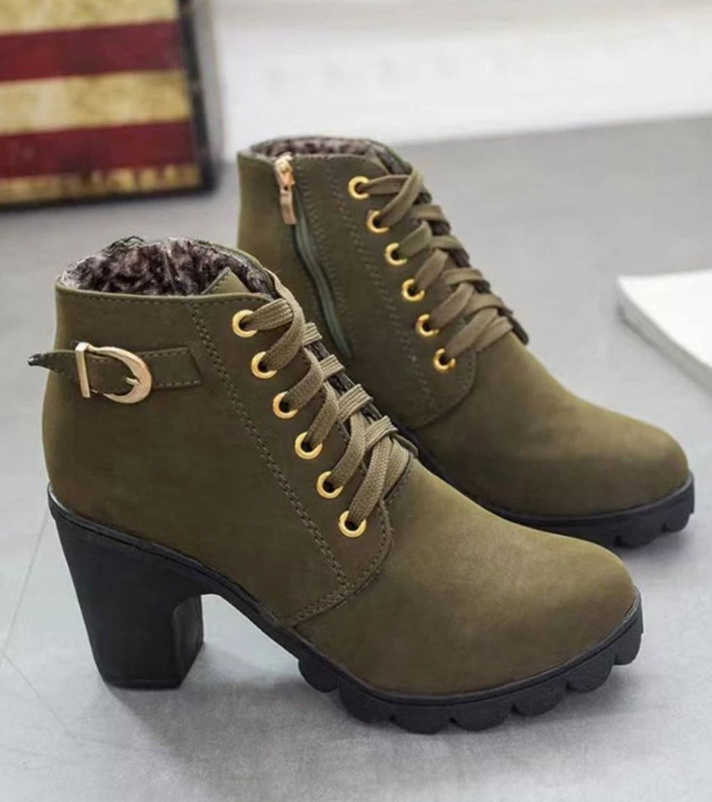 Bottines à lacets pour femme avec talon carré et boucle