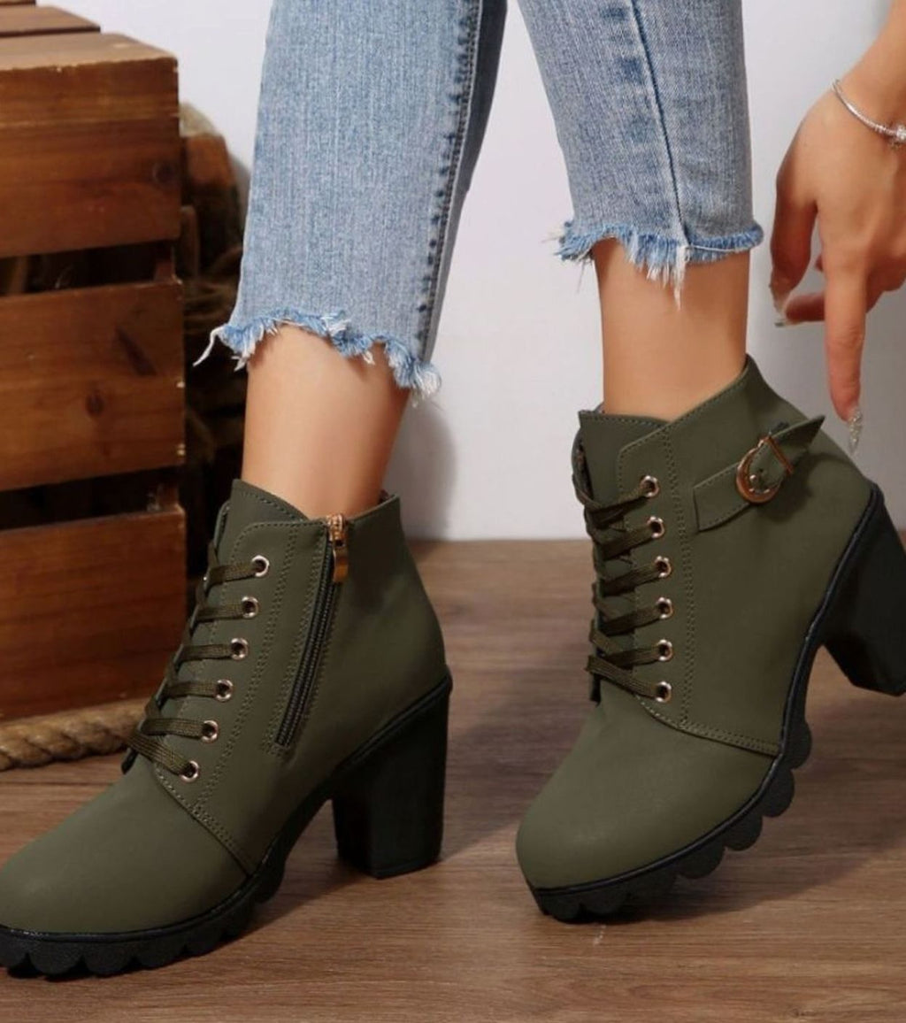 Bottines à lacets pour femme avec talon carré et boucle