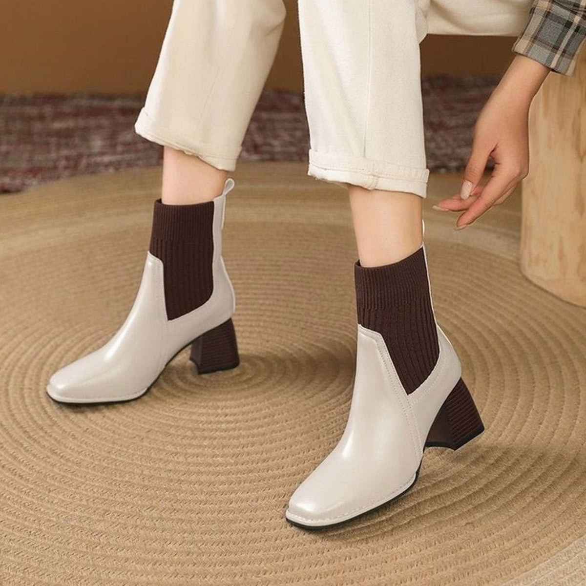 Bottines à talon carré avec empiècement en maille pour femme