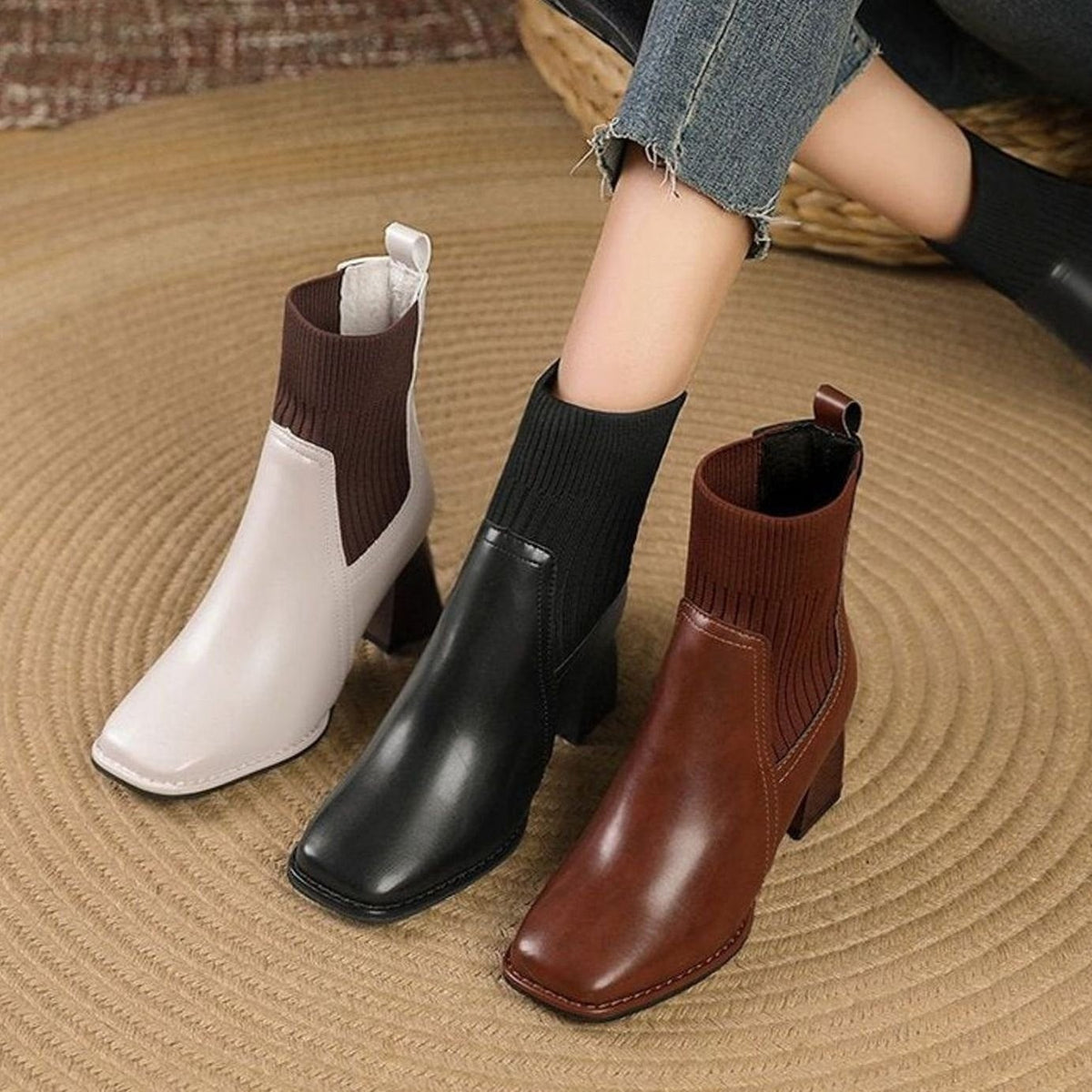 Bottines à talon carré avec empiècement en maille pour femme