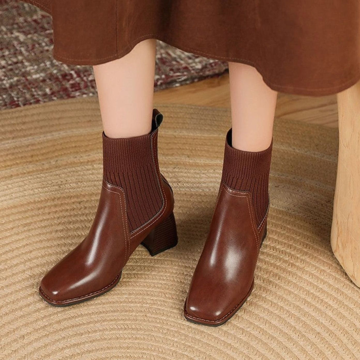 Bottines à talon carré avec empiècement en maille pour femme