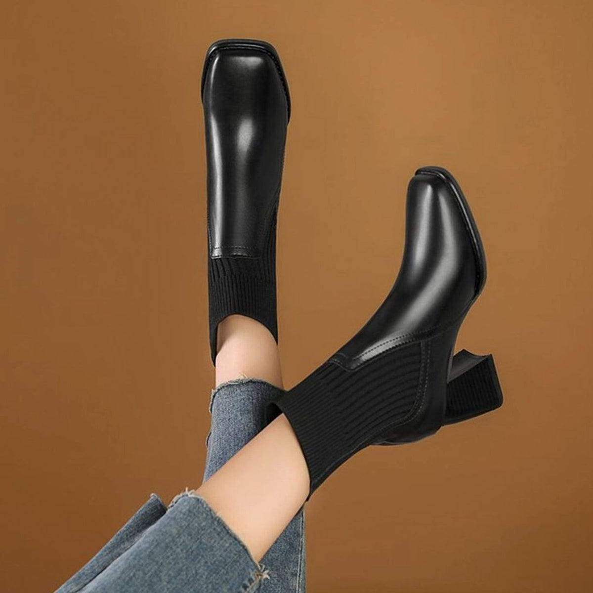 Bottines à talon carré avec empiècement en maille pour femme