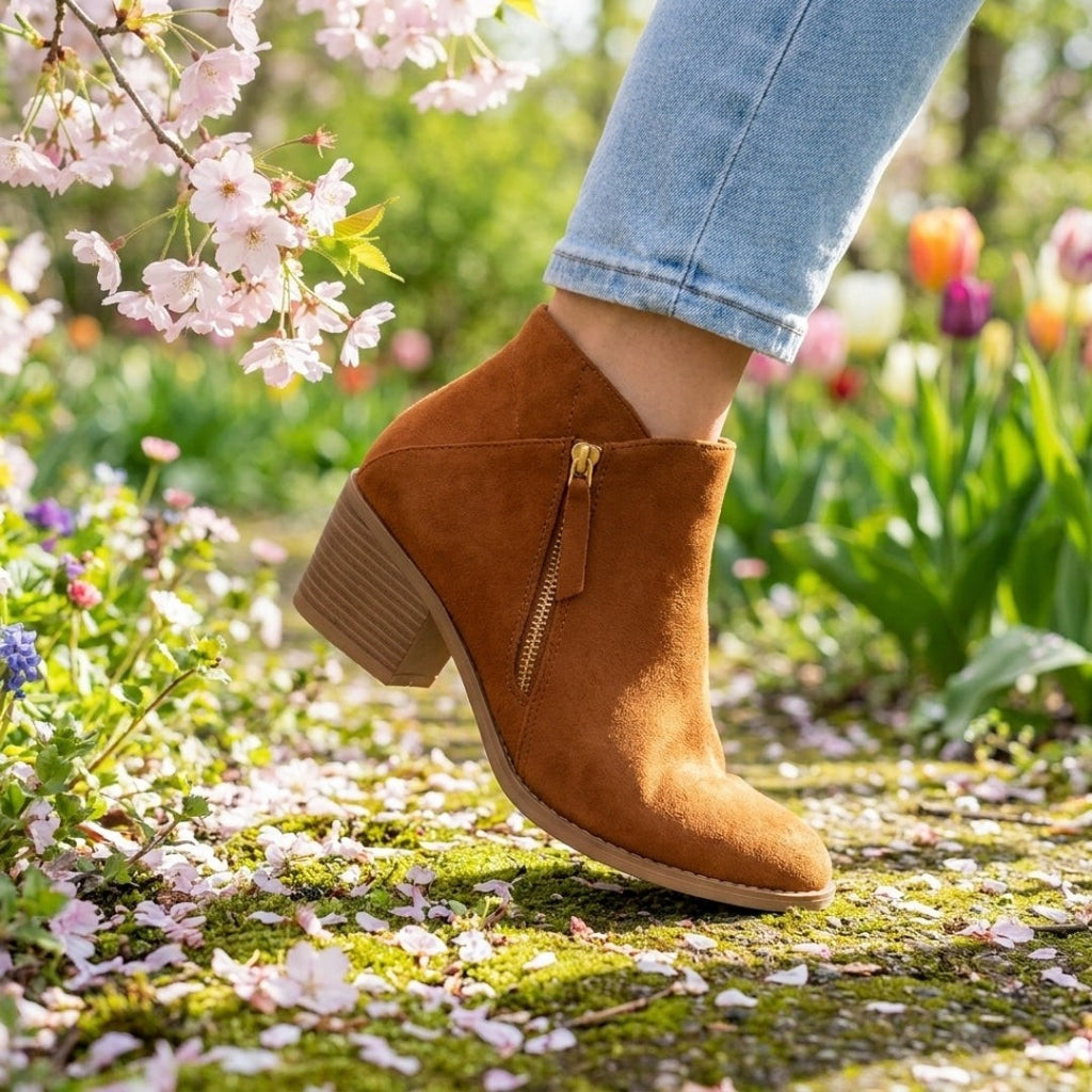 Bottines à talon carré et bout pointu zippées pour femme, Intemporelles