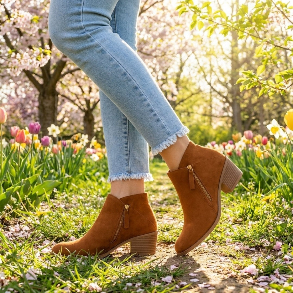 Bottines à talon carré et bout pointu zippées pour femme, Intemporelles