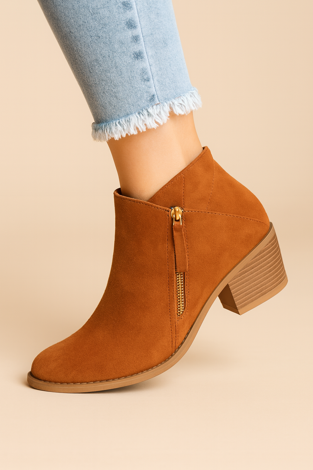 Bottines beige à zip latéral pratique pour femme, talon bloc confortable
