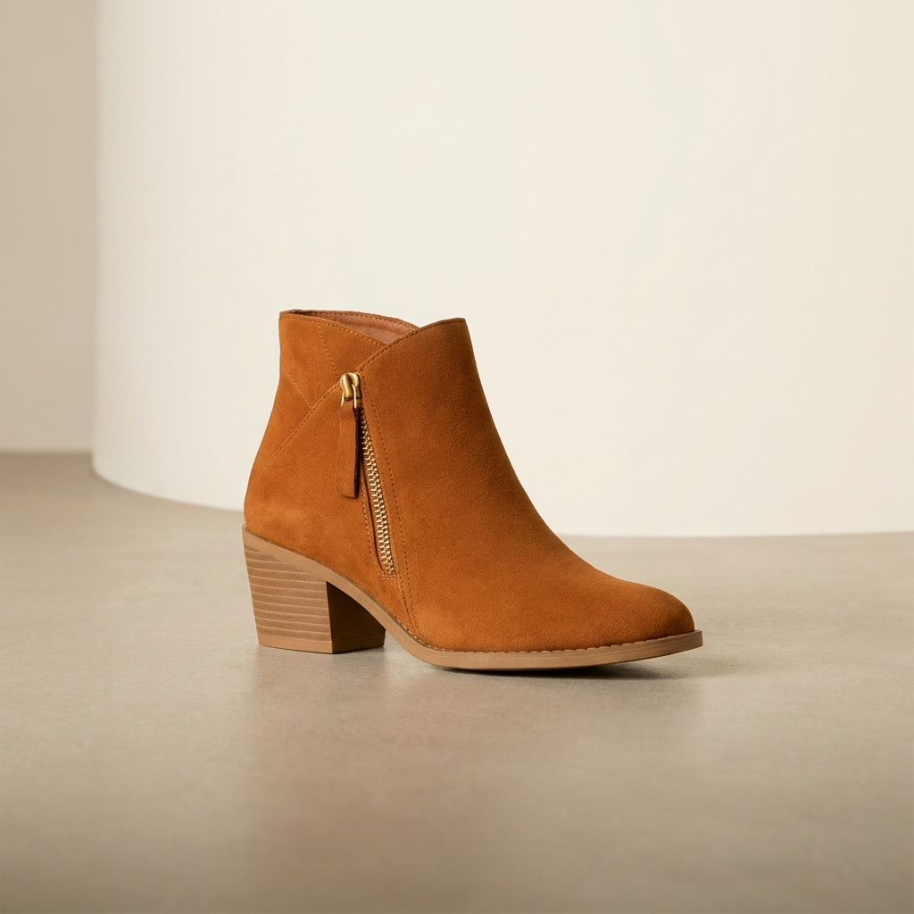 Bottines beige à zip latéral pratique pour femme, talon bloc confortable