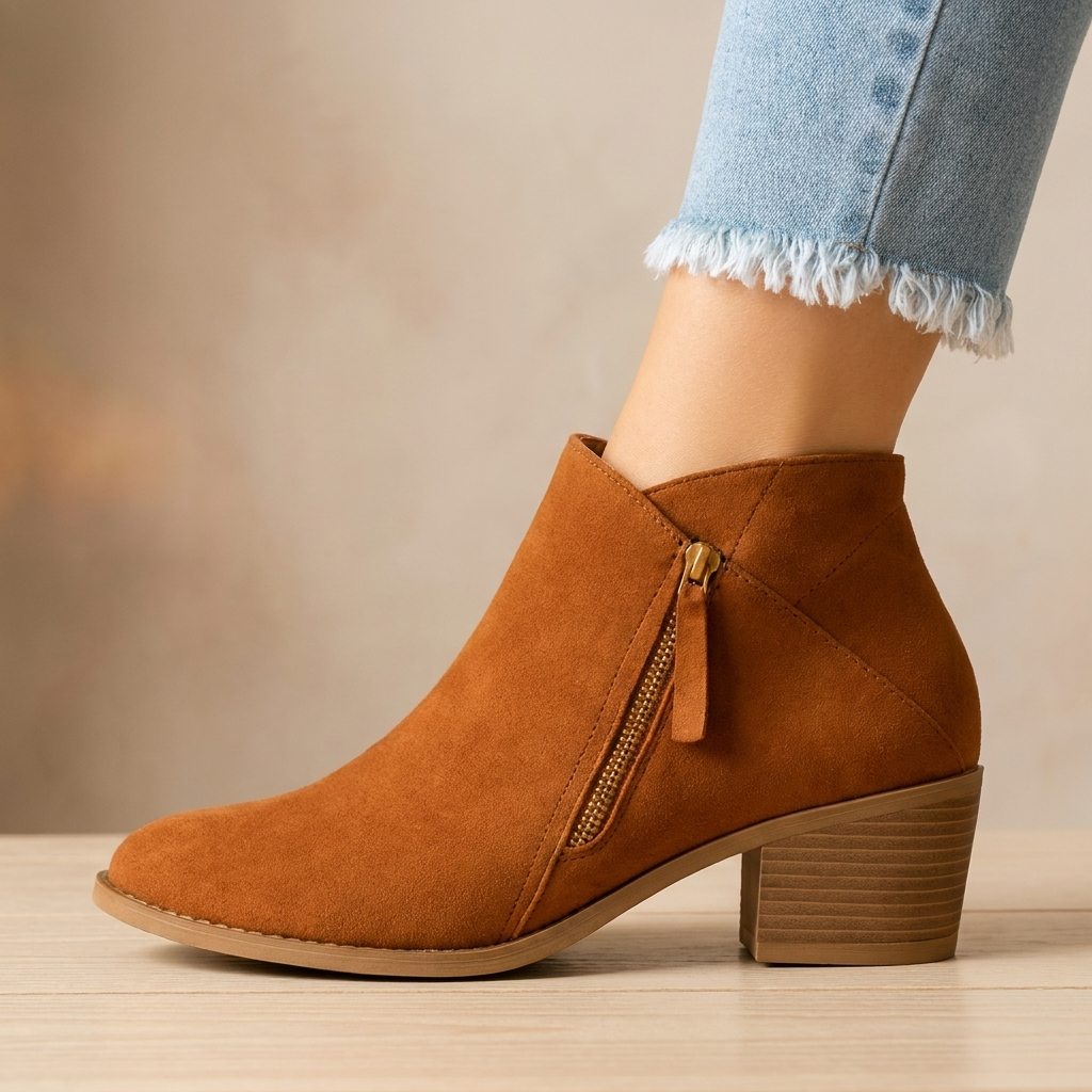 Bottines beige à zip latéral pratique pour femme, talon bloc confortable