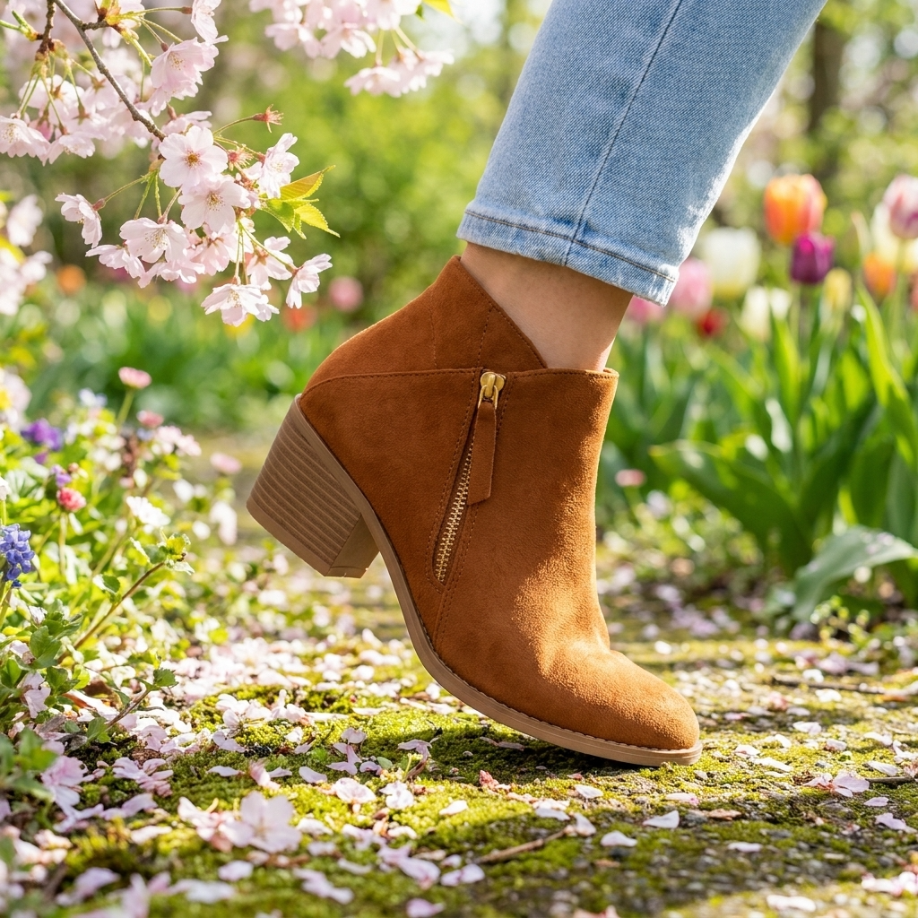 Bottines beige à zip latéral pratique pour femme, talon bloc confortable