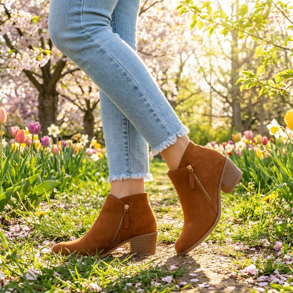 Bottines beige à zip latéral pratique pour femme, talon bloc confortable