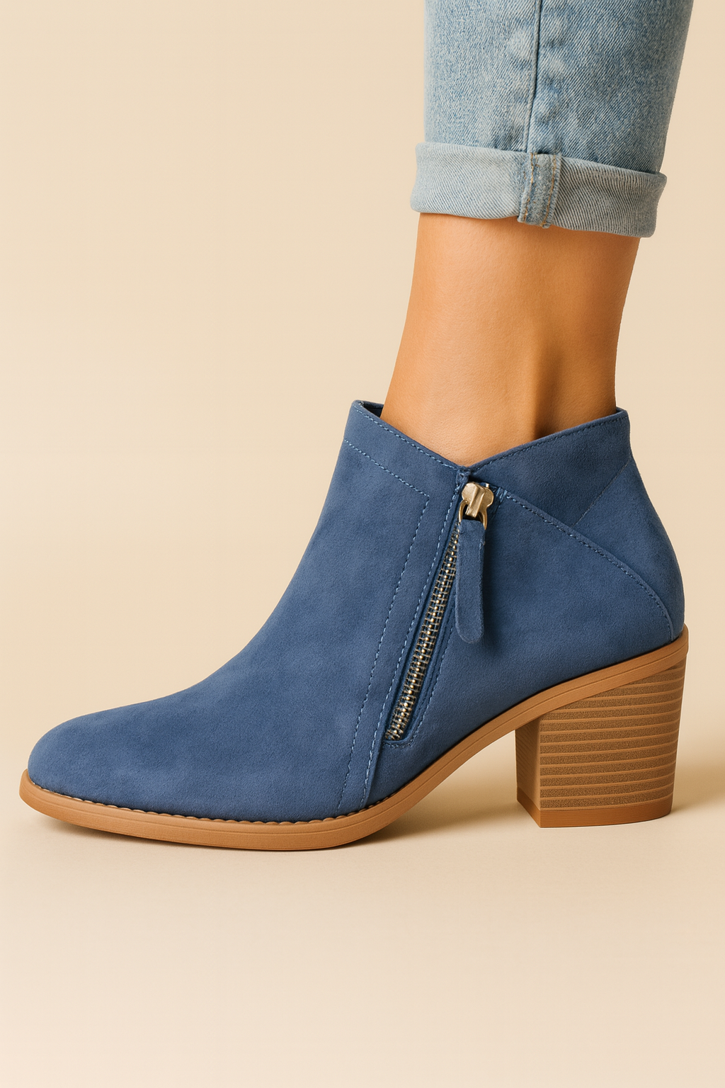 Bottines beige à zip latéral pratique pour femme, talon bloc confortable