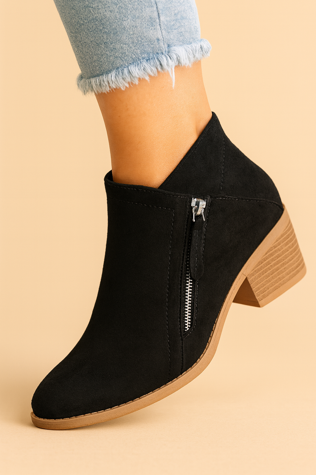 Bottines beige à zip latéral pratique pour femme, talon bloc confortable