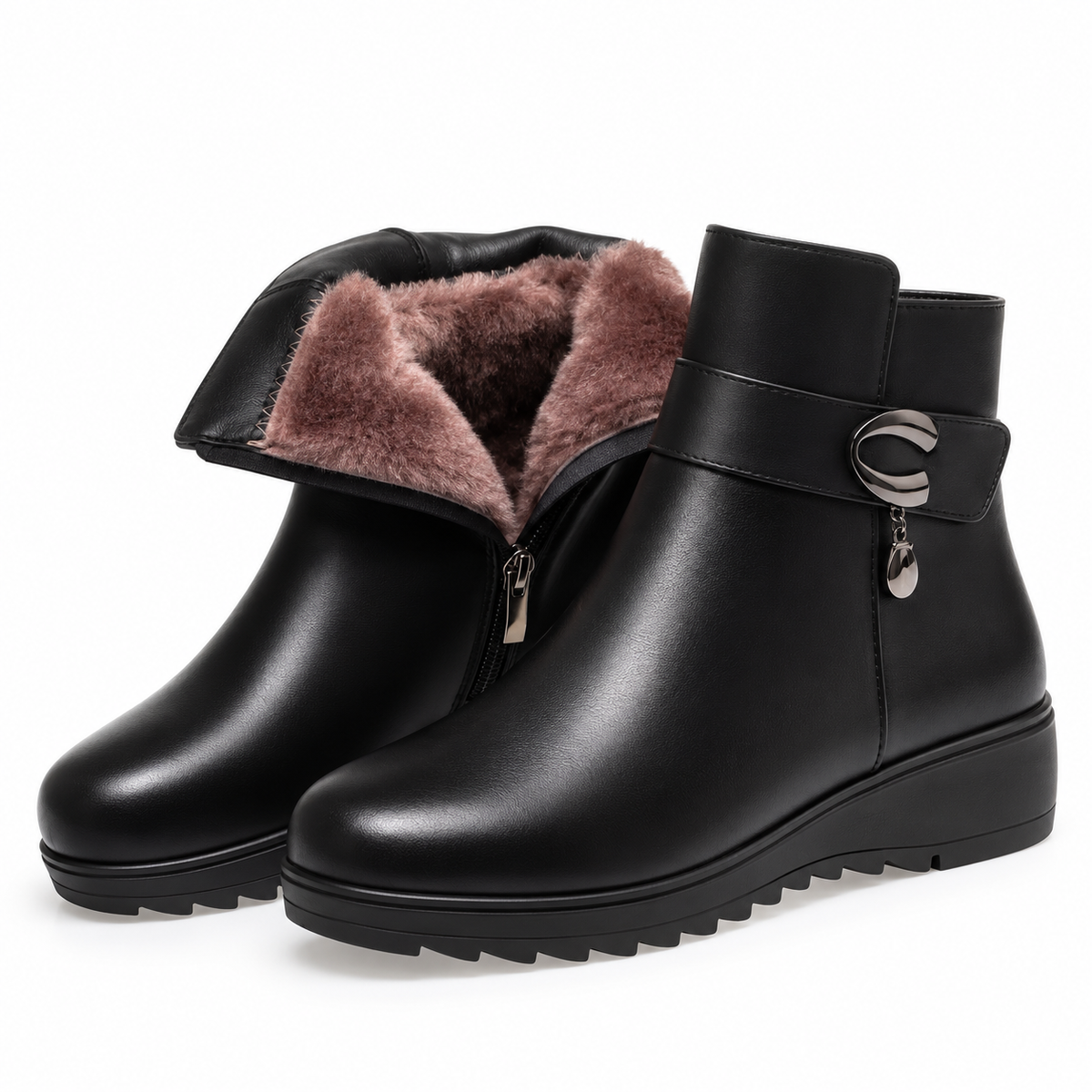 Bottines d'hiver noires pour femme sans talon, doublure chaude en laine et boucle