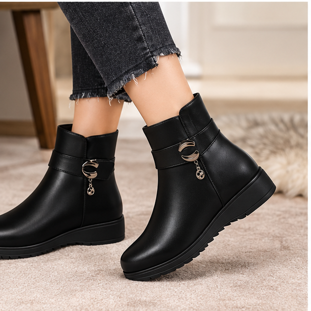 Bottines d'hiver noires pour femme sans talon, doublure chaude en laine et boucle