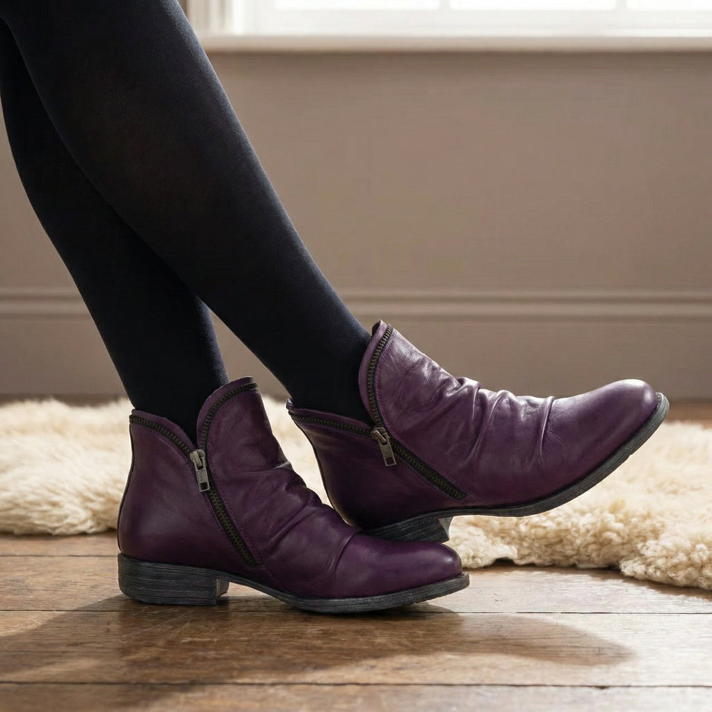 Bottines en cuir femme avec fermeture éclair, empeigne plissée, talon bas