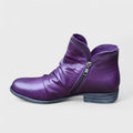 Bottines en cuir femme avec fermeture éclair, empeigne plissée, talon bas