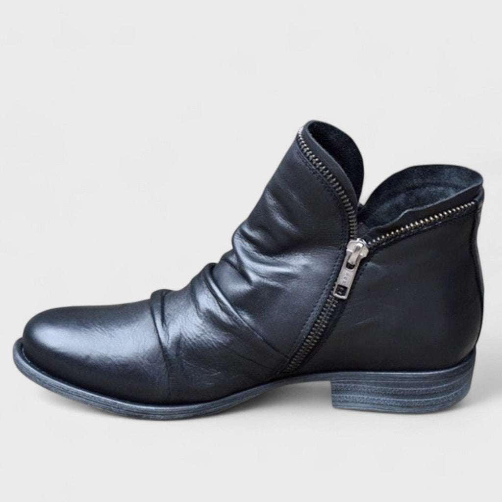 Bottines en cuir femme avec fermeture éclair, empeigne plissée, talon bas