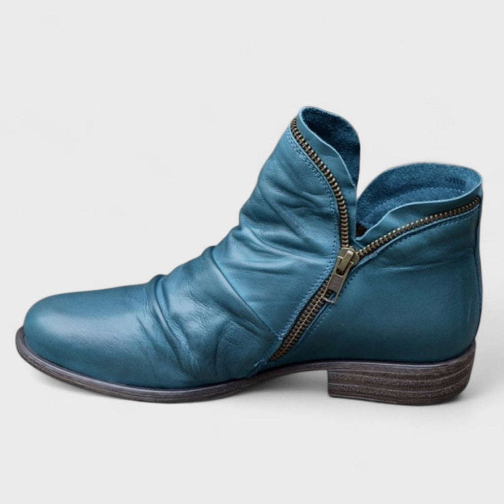 Bottines en cuir femme avec fermeture éclair, empeigne plissée, talon bas