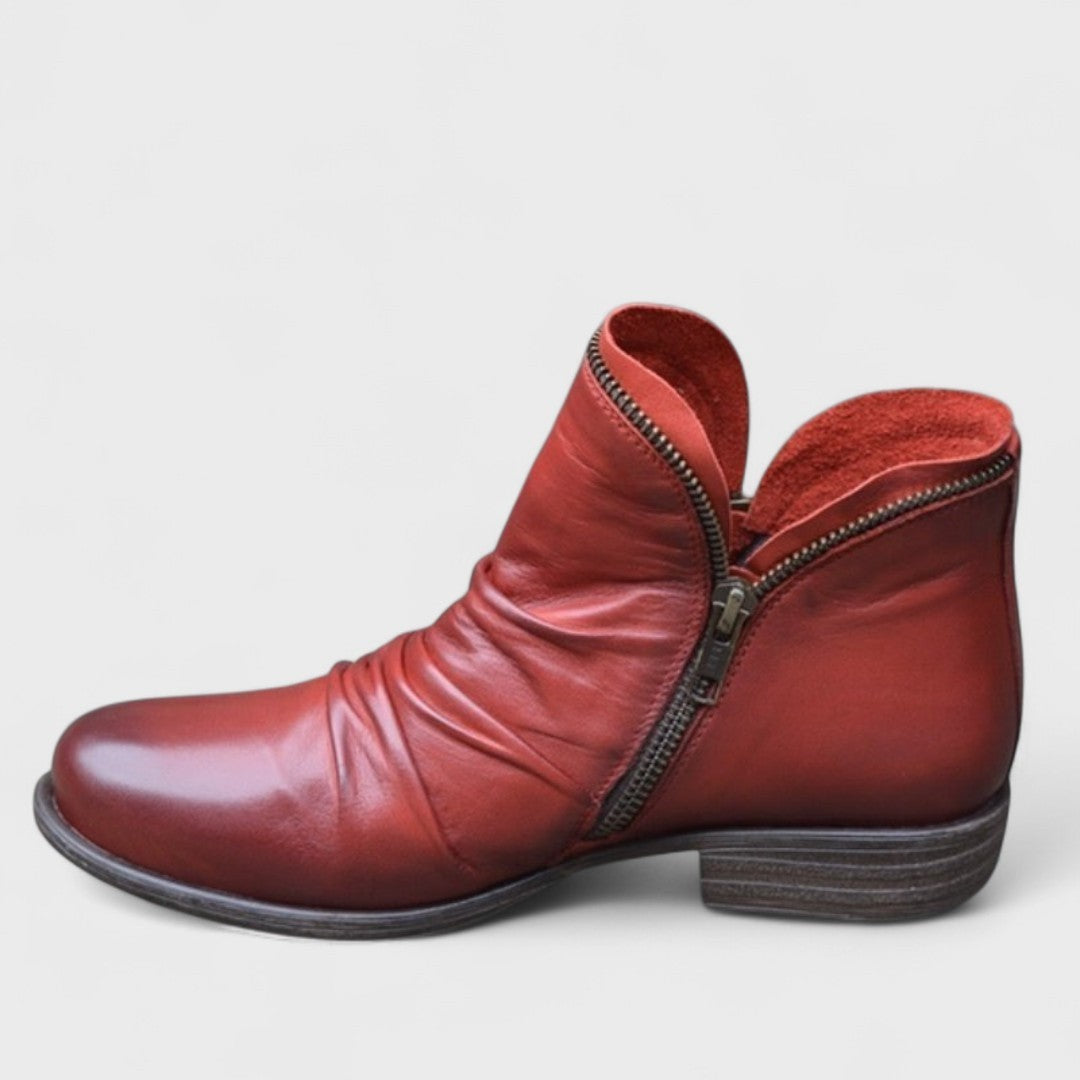 Bottines en cuir femme avec fermeture éclair, empeigne plissée, talon bas