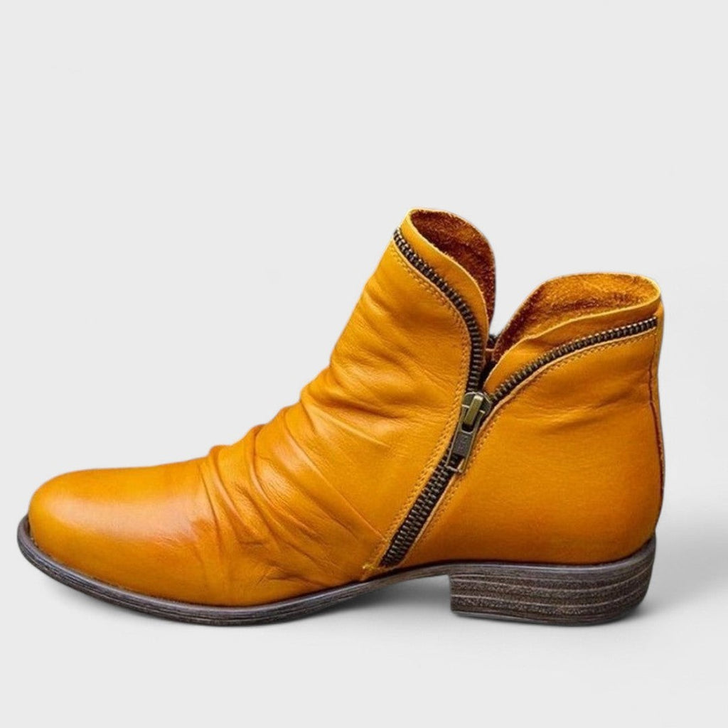 Bottines en cuir femme avec fermeture éclair, empeigne plissée, talon bas