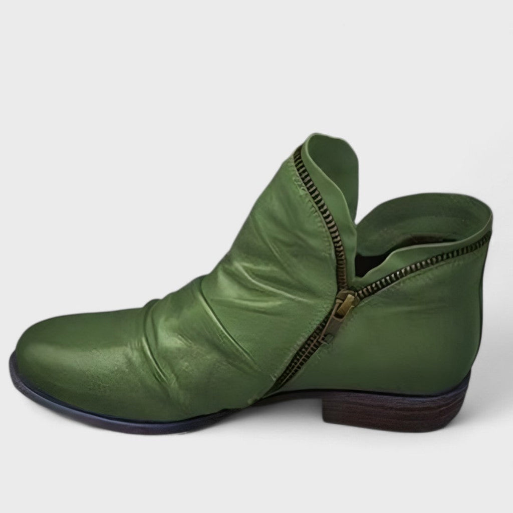 Bottines en cuir femme avec fermeture éclair, empeigne plissée, talon bas