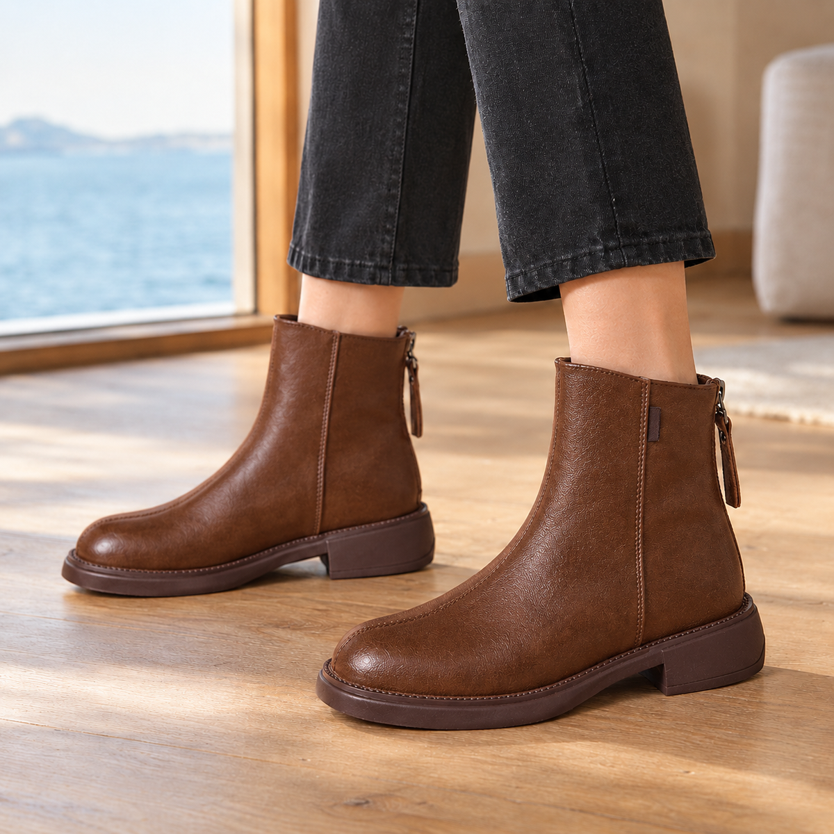 Bottines en cuir pour femme à petit talon carré