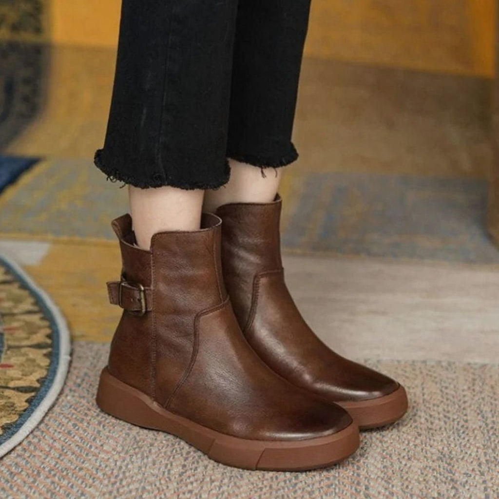 Bottines en cuir sans talon à boucle pour femme, Semelle plateforme