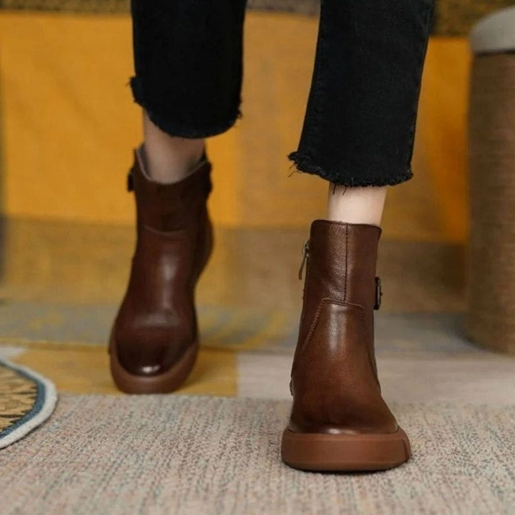 Bottines en cuir sans talon à boucle pour femme, Semelle plateforme