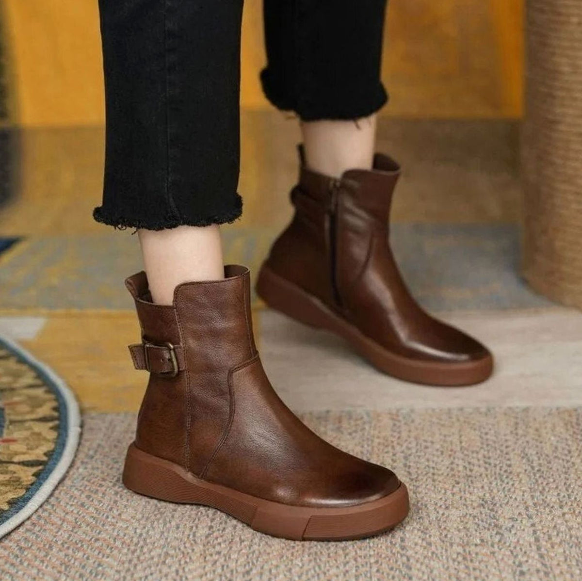Bottines en cuir sans talon à boucle pour femme, Semelle plateforme