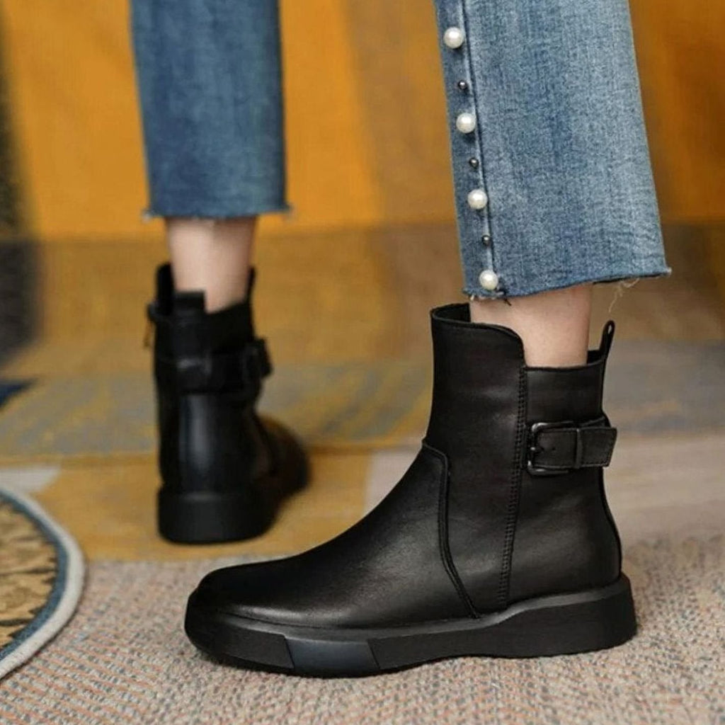 Bottines en cuir sans talon à boucle pour femme, Semelle plateforme
