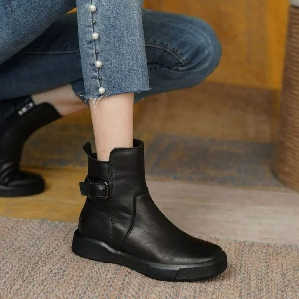 Bottines en cuir sans talon à boucle pour femme, Semelle plateforme
