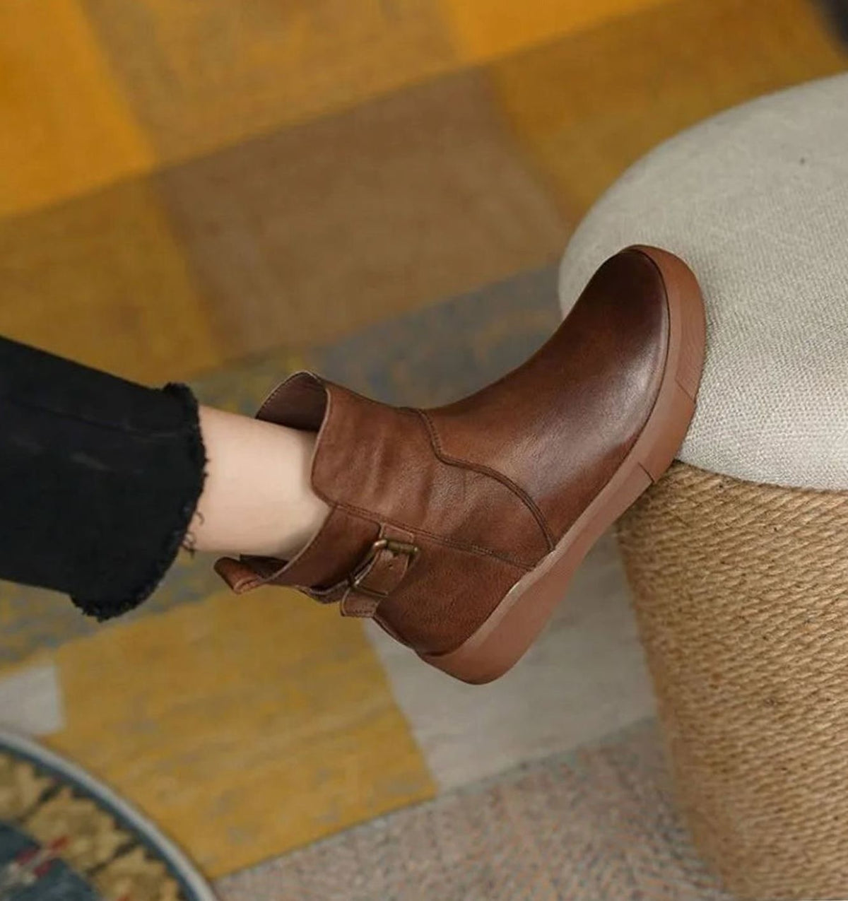 Bottines en cuir sans talon à boucle pour femme, Semelle plateforme