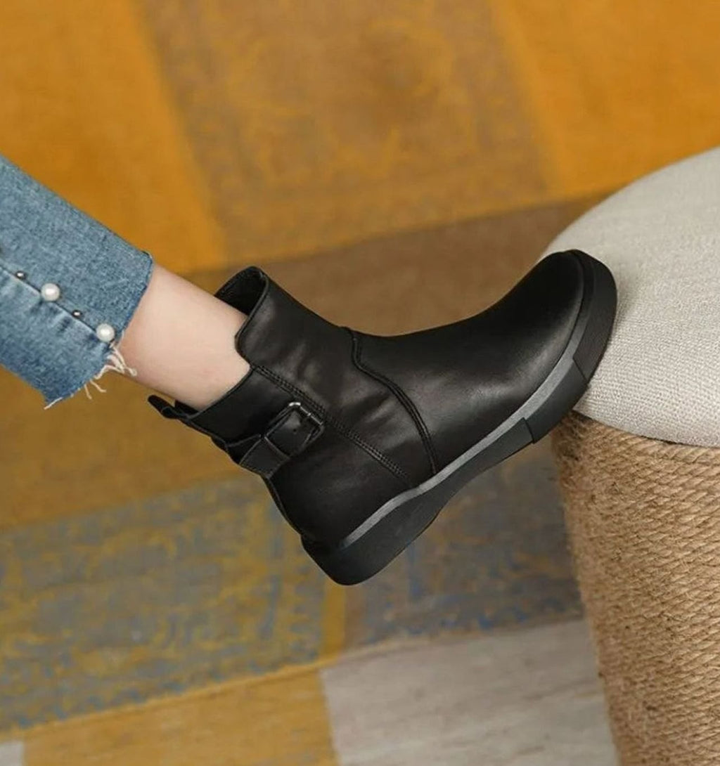Bottines en cuir sans talon à boucle pour femme, Semelle plateforme