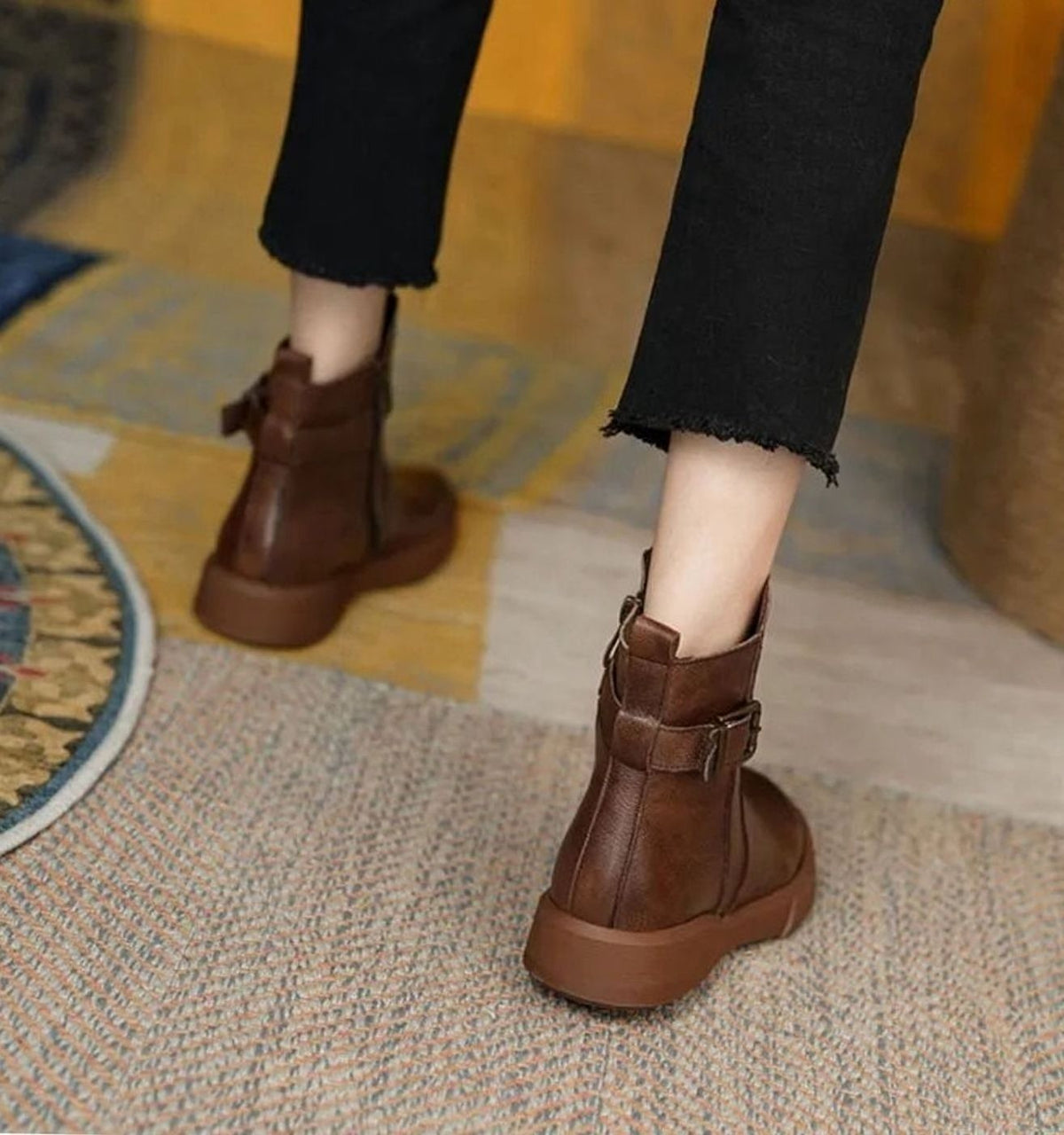 Bottines en cuir sans talon à boucle pour femme, Semelle plateforme