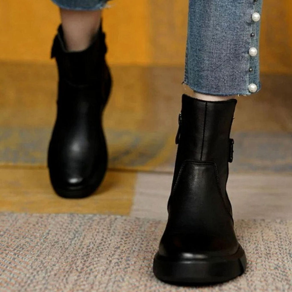 Bottines en cuir sans talon à boucle pour femme, Semelle plateforme