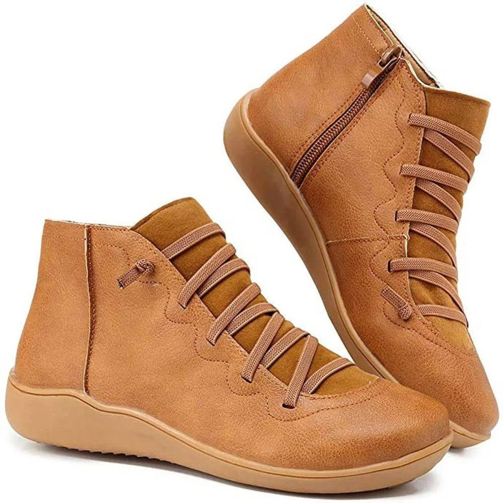 Bottines en similicuir à lacets décoratifs et zip latéral pour femme, sans talon