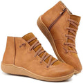 Bottines en similicuir à lacets décoratifs et zip latéral pour femme, sans talon