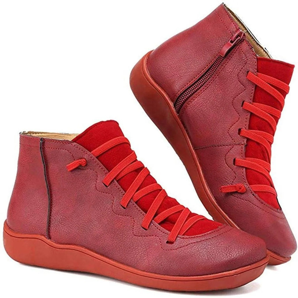 Bottines en similicuir à lacets décoratifs et zip latéral pour femme, sans talon