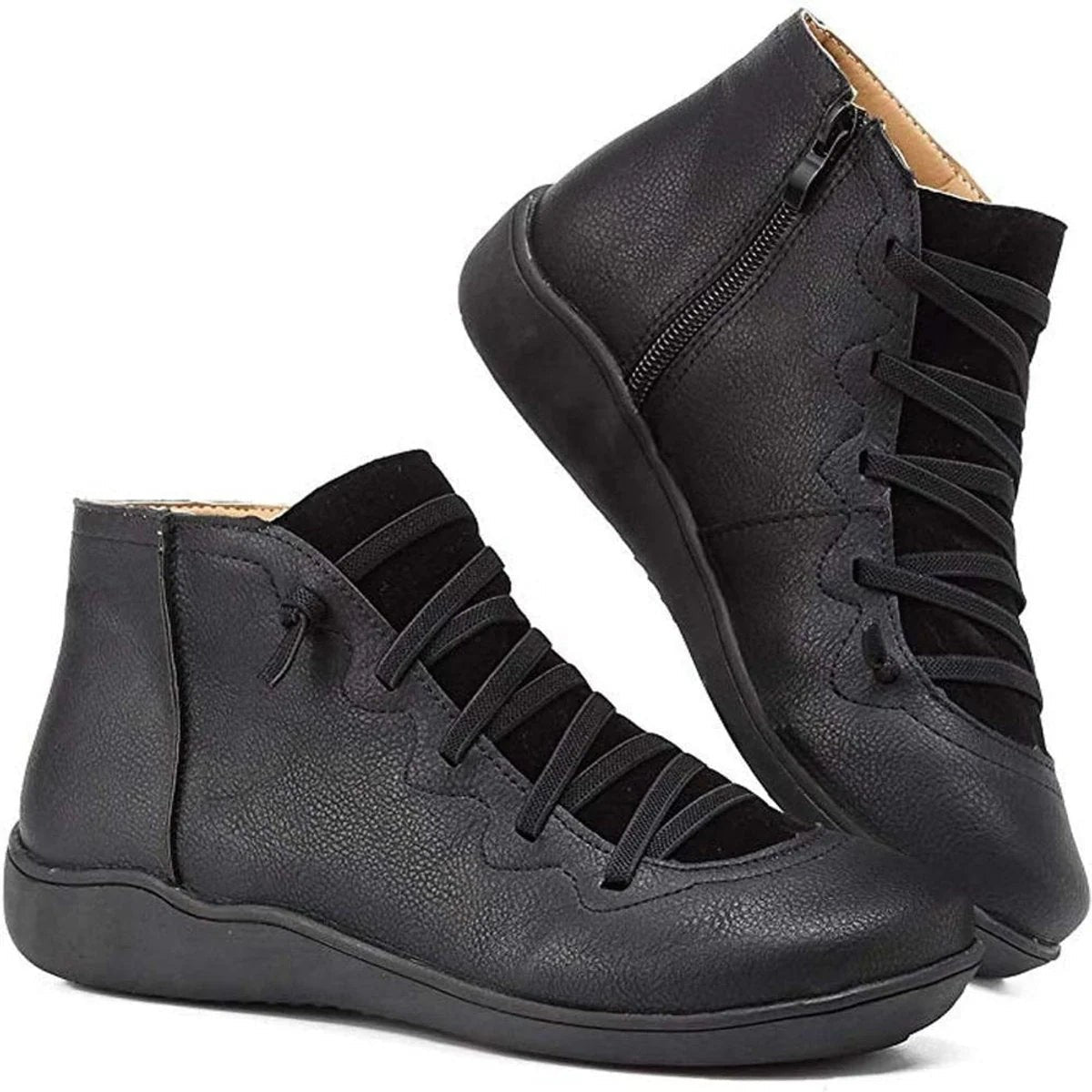 Bottines en similicuir à lacets décoratifs et zip latéral pour femme, sans talon