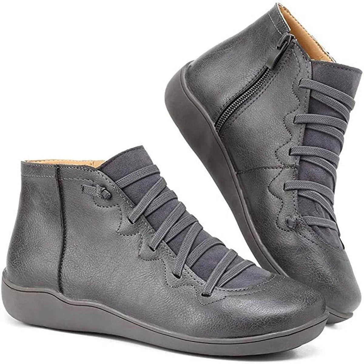 Bottines en similicuir à lacets décoratifs et zip latéral pour femme, sans talon