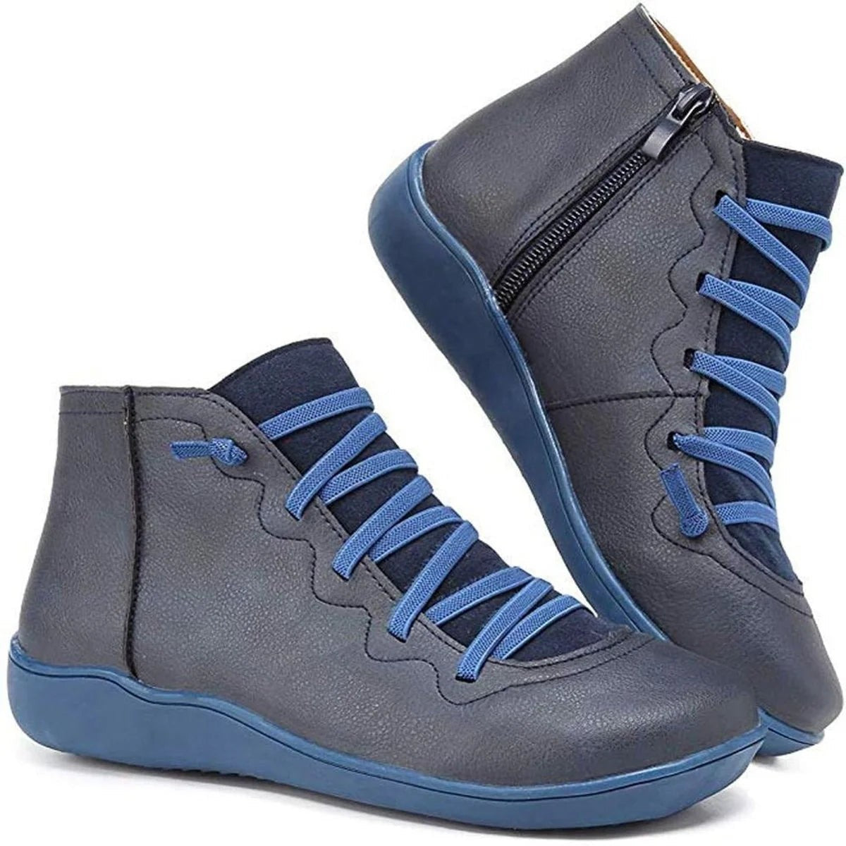 Bottines en similicuir à lacets décoratifs et zip latéral pour femme, sans talon