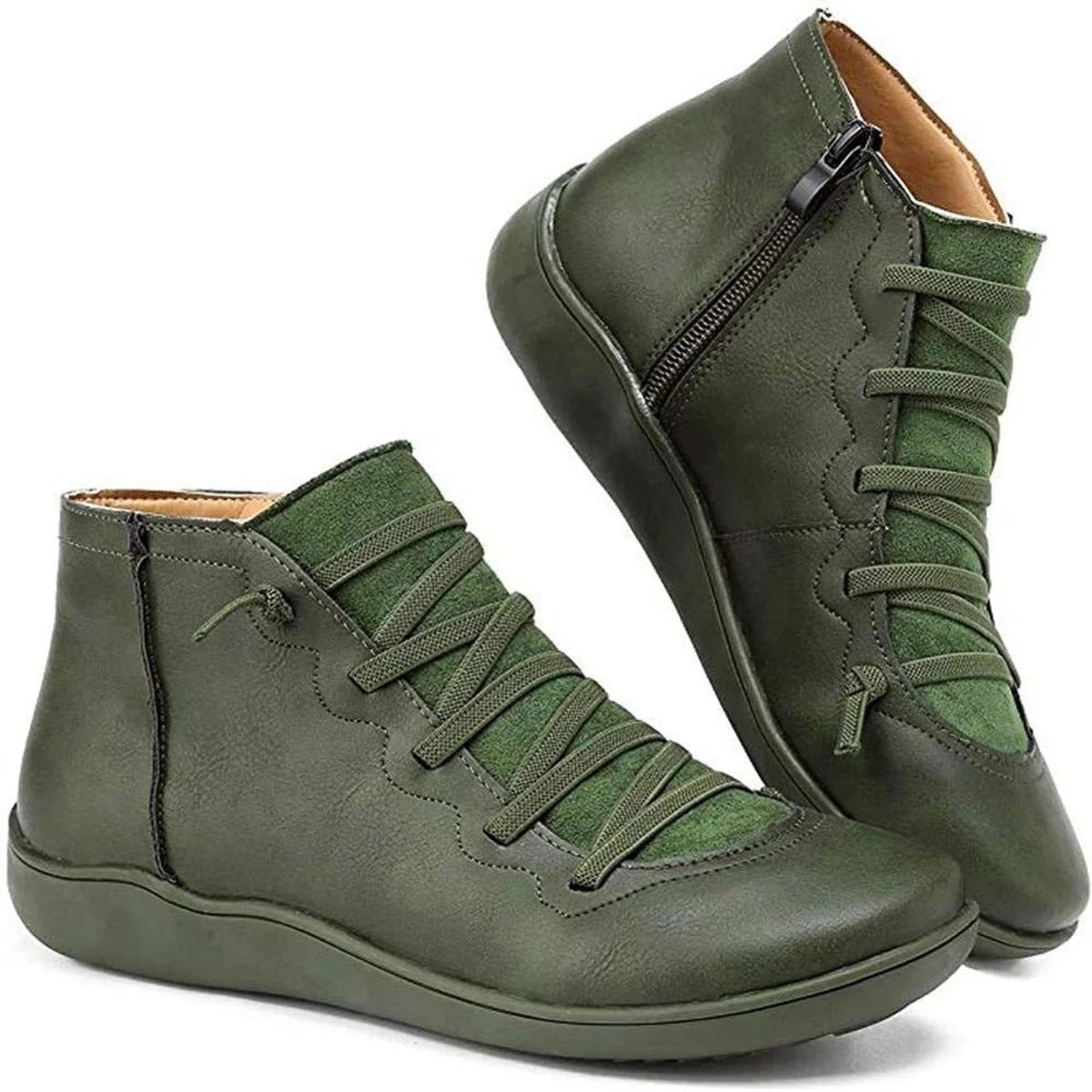 Bottines en similicuir à lacets décoratifs et zip latéral pour femme, sans talon