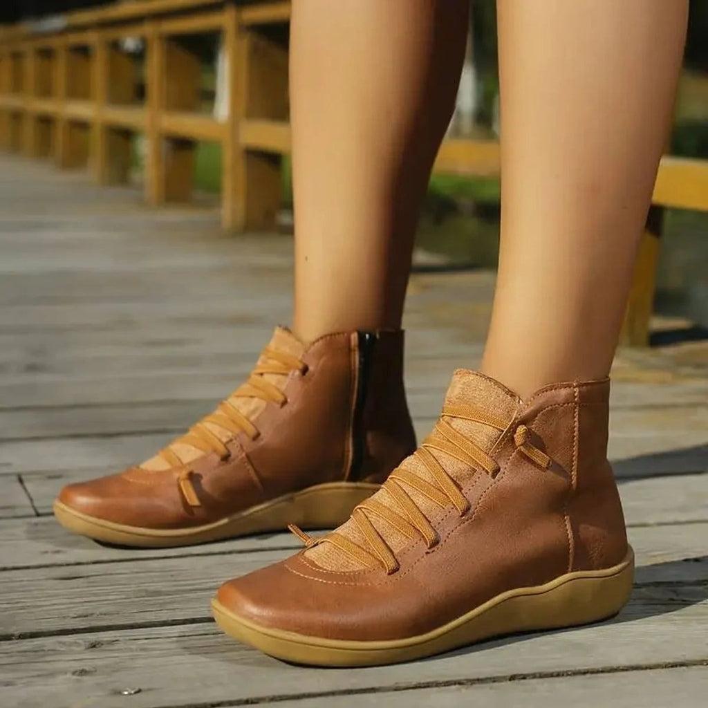 Bottines en similicuir à lacets décoratifs et zip latéral pour femme, sans talon