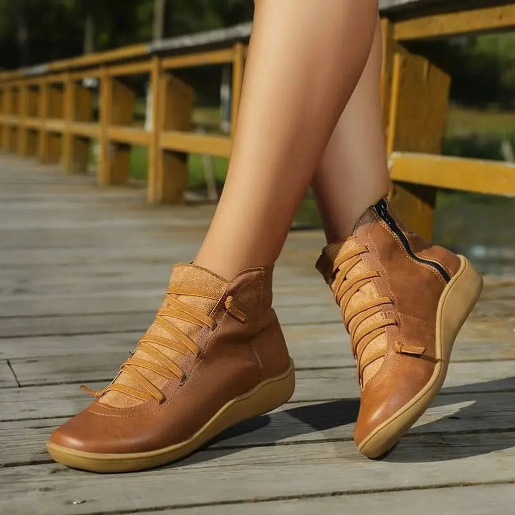 Bottines en similicuir à lacets décoratifs et zip latéral pour femme, sans talon