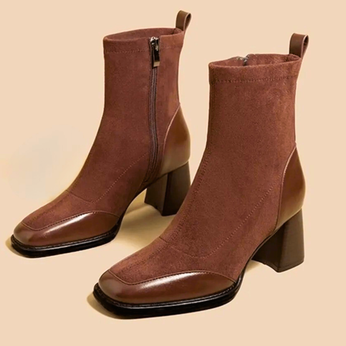 Bottines femme à talon carré en cuir véritable, élégantes
