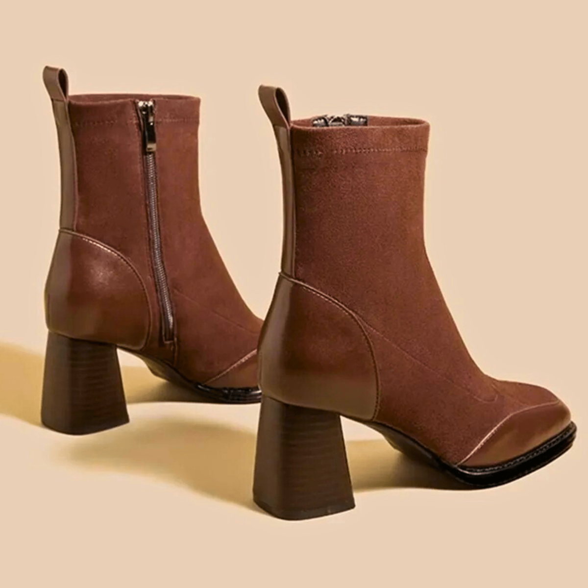 Bottines femme à talon carré en cuir véritable, élégantes