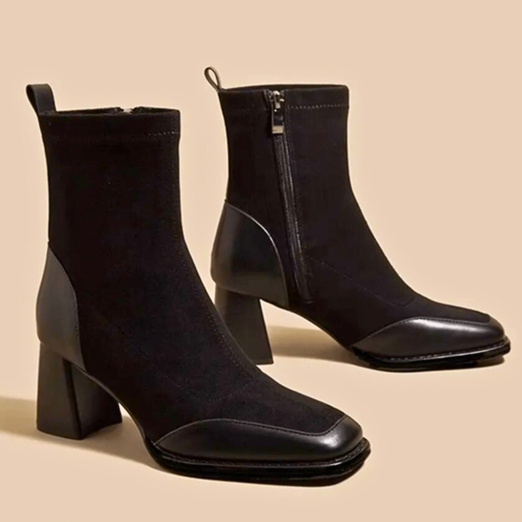 Bottines femme à talon carré en cuir véritable, élégantes