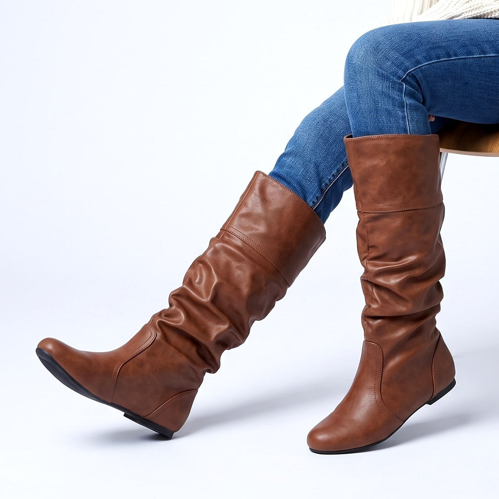 Bottines femme en simili cuir à talon bas, Sous le genou