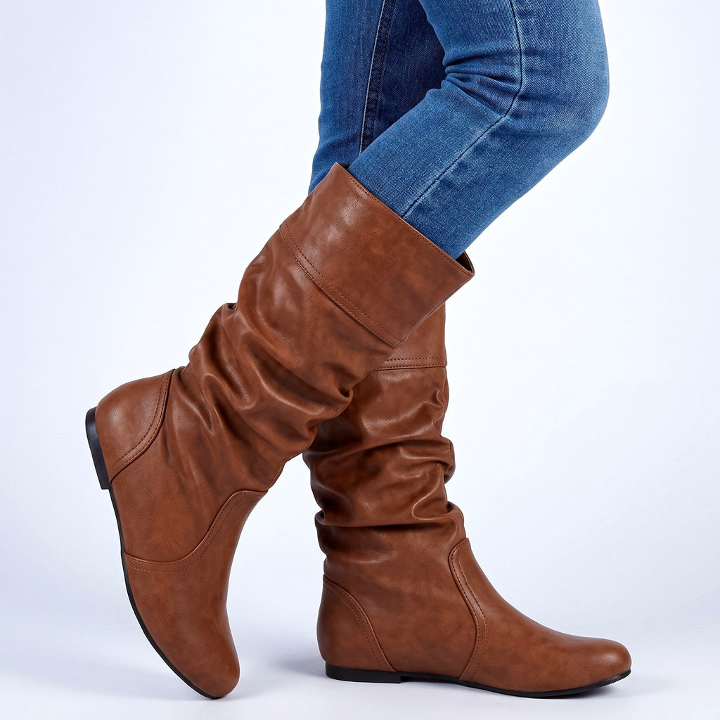 Bottines femme en simili cuir à talon bas, Sous le genou