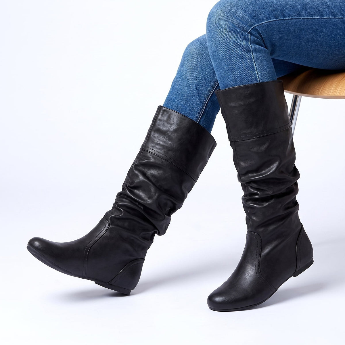 Bottines femme en simili cuir à talon bas, Sous le genou