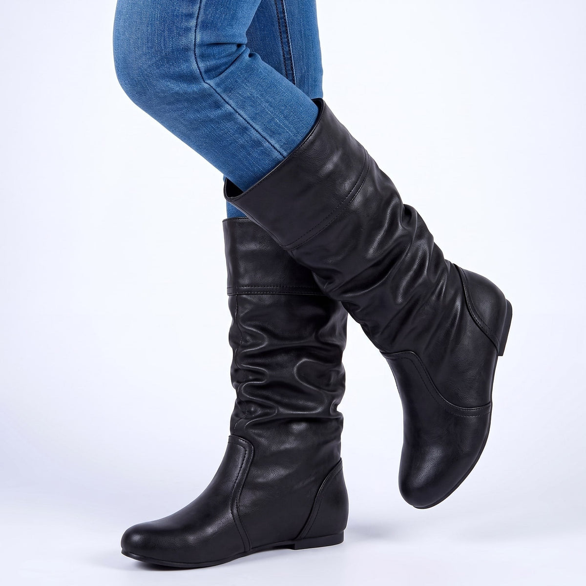 Bottines femme en simili cuir à talon bas, Sous le genou